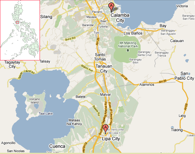 route from Calamba, Laguna to Lipa, Batangas