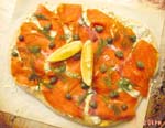 smoked salmon pizza with cream cheese, spanish onion, dill, lemon zest and capers - ooohhh la la!!!